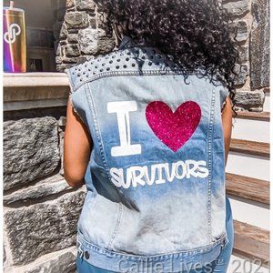 Miz I Heart Survivors: Denim Hot Pink Glitter Blue Jean Jacket Vest One Size SML